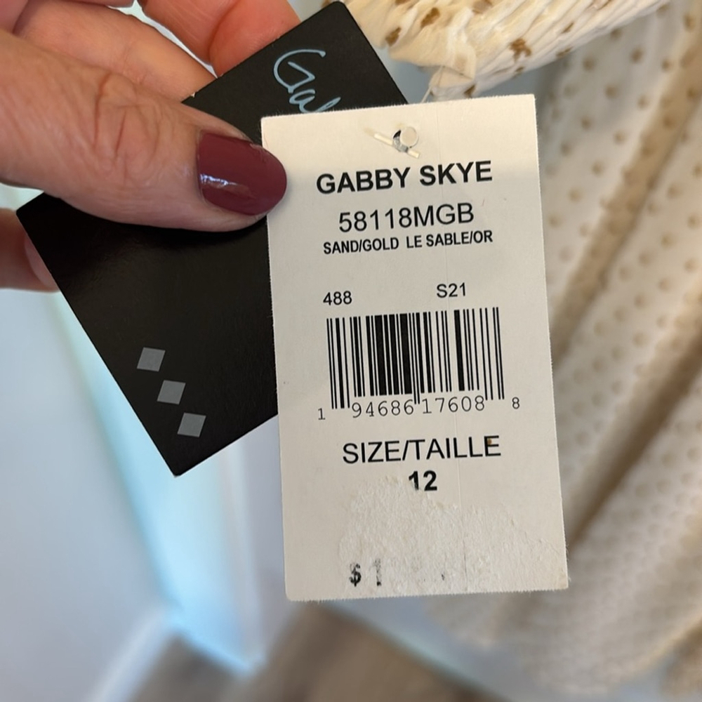 Gabby Skye Cream Dress tan Swiss dots elastic waist back closure size 12 flowy - Picture 5 of 16